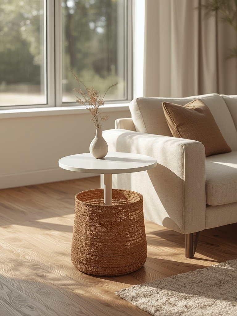 round side table with storage basket details